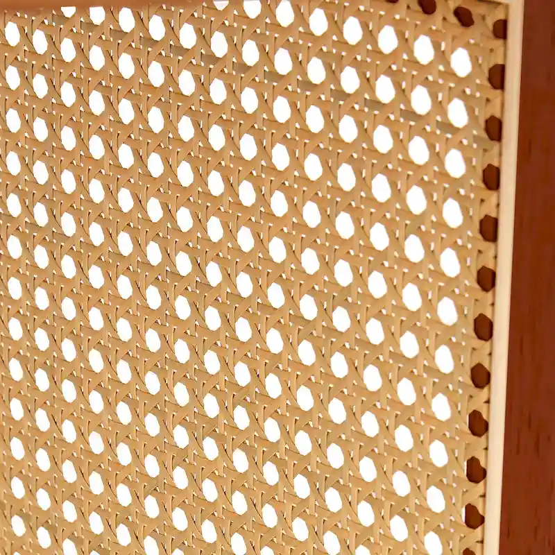 wooden coffee table with faux rattan accents