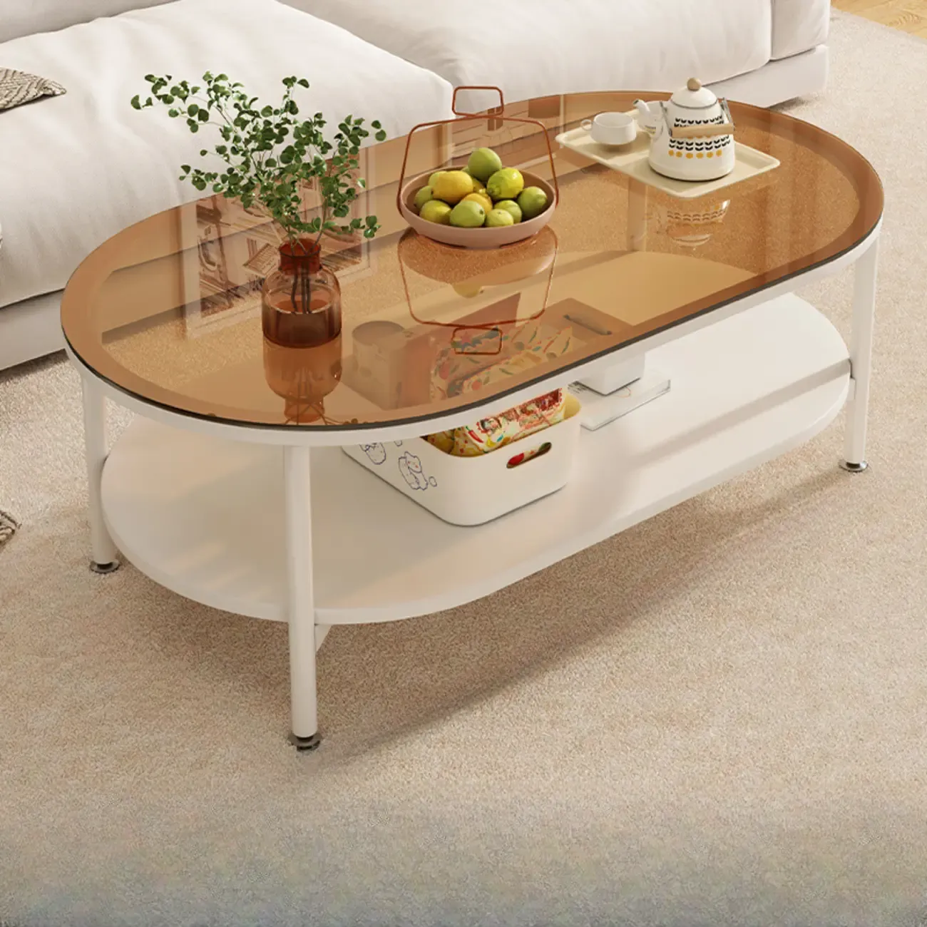 Modern White Rectangle Glass Coffee Table with Shelf