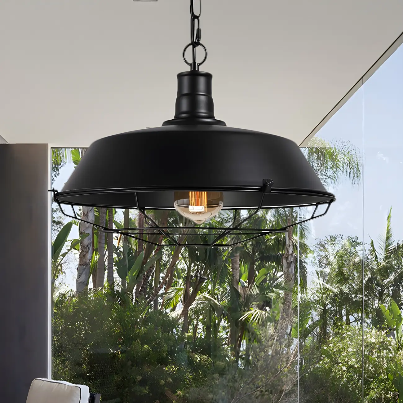 Industrial Black Metal Cap Caged Pendant Light