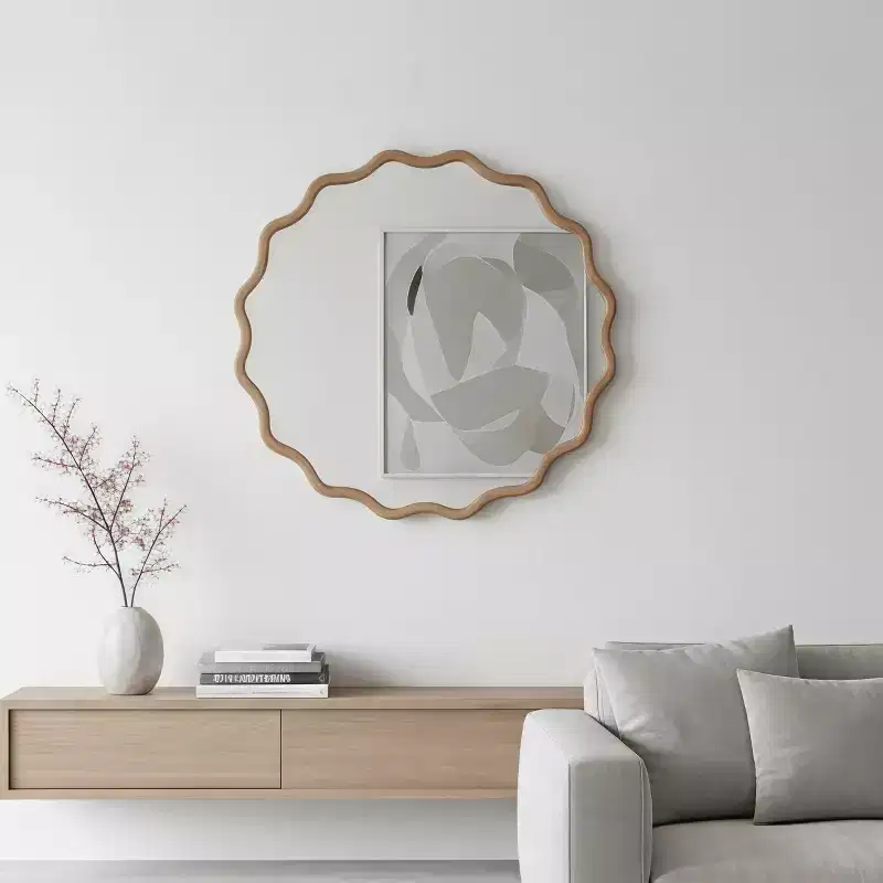 Natural Wood Color 30 inch Wavy Round Solid Wood Frame Decorative Mirror,For Bedroom, Bathroom, Living Room, Entryway