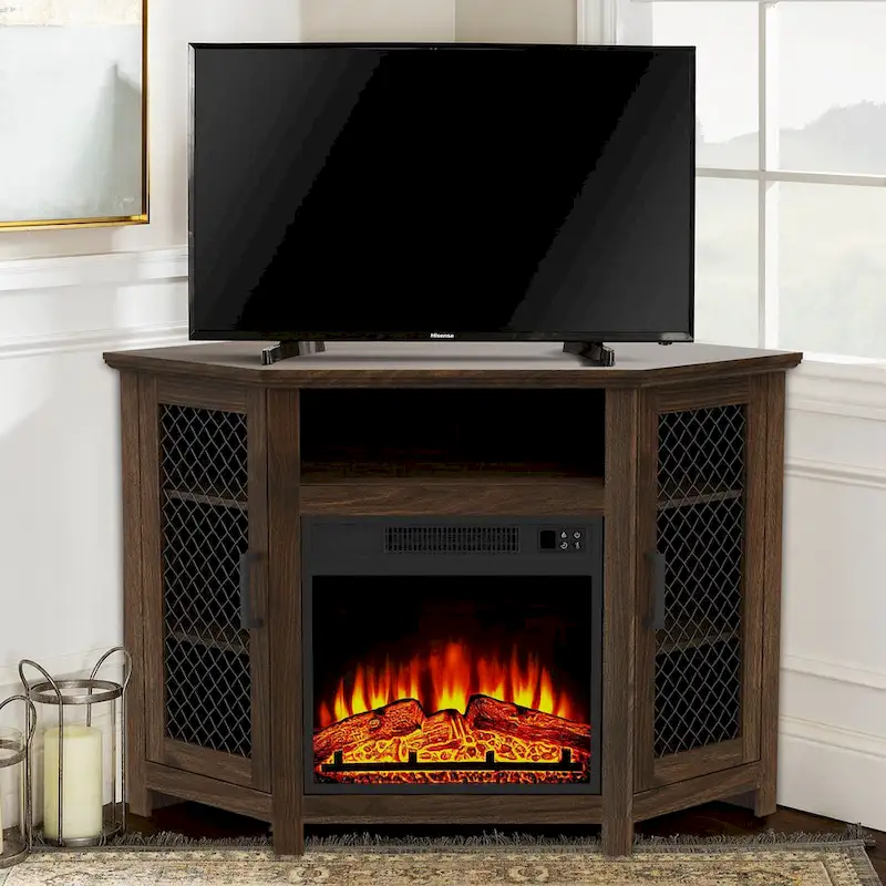 45 Industrial Corner Electric Fireplace TV Stands with 2 Metal Mesh Doors and Remote