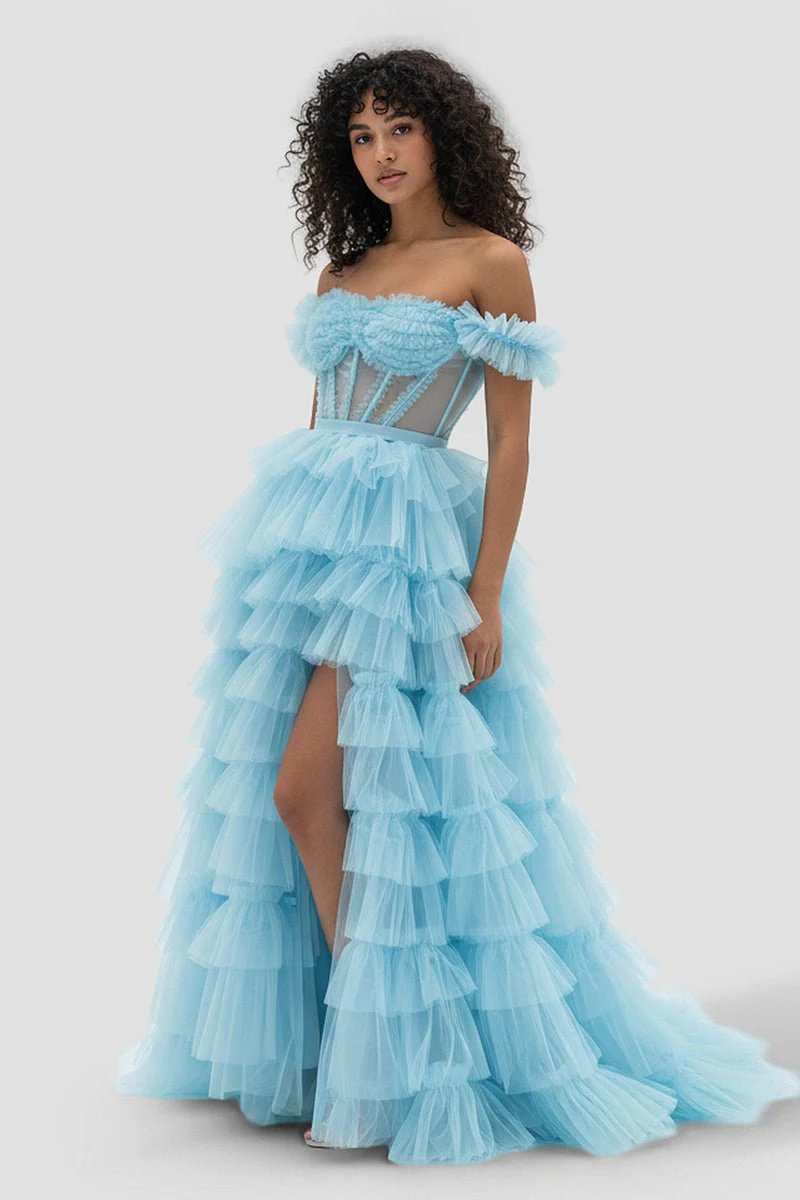 Royal Blue Off the Shoulder Ruffle Tiered Tulle Long Prom Dresses with Slit