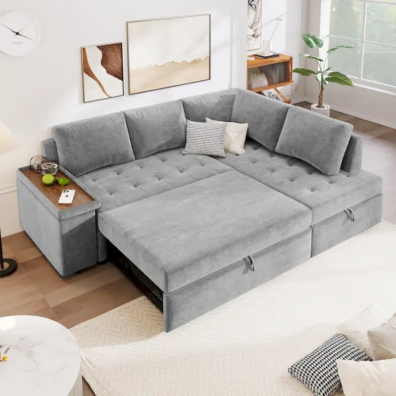 Grey / Light Grey L-Shaped Pull-Out Sofa Bed with Storage, Seats 3–4