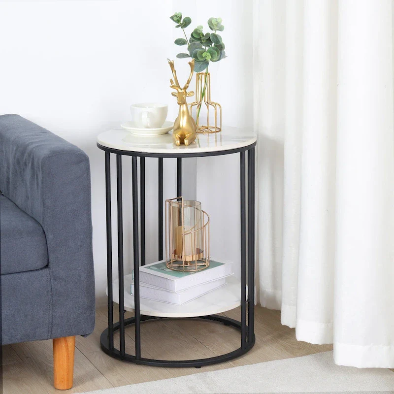 Cold Jadeite / Black / Gold 2-Tier Round Sintered Stone End Table – Single