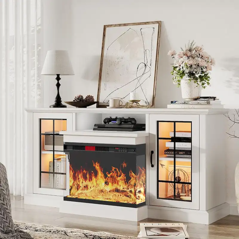 Fireplace TV Stand with All-Sided Glass Electric Fireplace