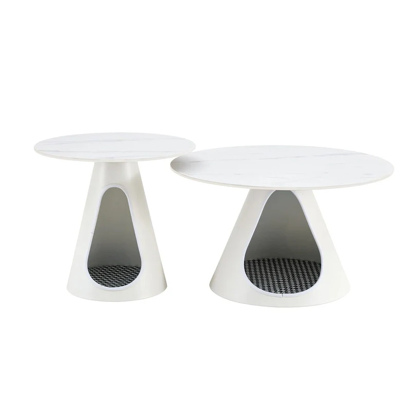 Coffee Round Tables With Marble-Look Top and Steel Base with Cat Beds - Multifunctional