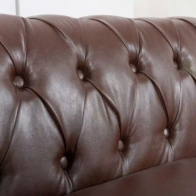 Tufted Sofa - Faux Leather, Rolled Arms Design, Seats 3