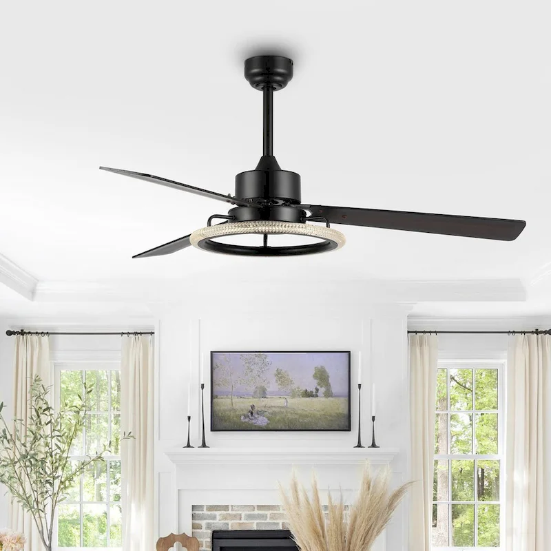 Bruno 52  1-Light Modern Industrial Iron/Acrylic/Wood Remote-Controlled 6-Speed Integrated LED Ceiling Fan, by JONATHAN Y