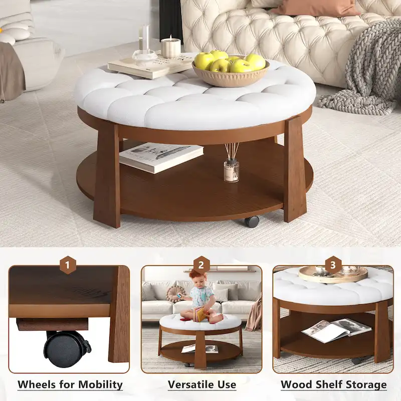 36  Round Button Tufted Upholstered Coffee Table with Wood Shelf and Wheel