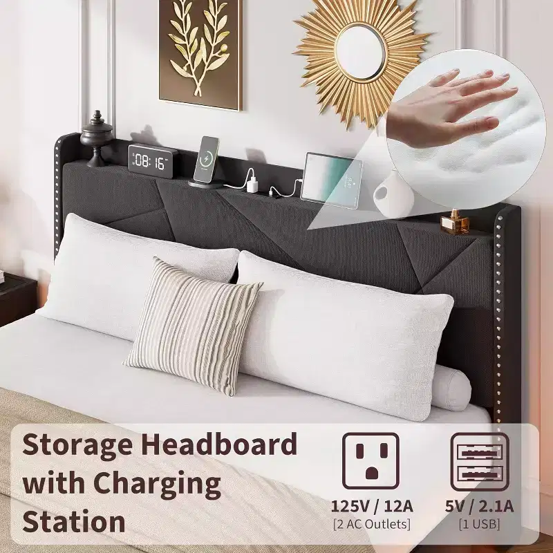 Suspended Modern Upholstered Platform Bed Frame with LED Lights and Sockets, Headboard, Sturdy Wooden Slats Support, Quiet and Easy to Assemble