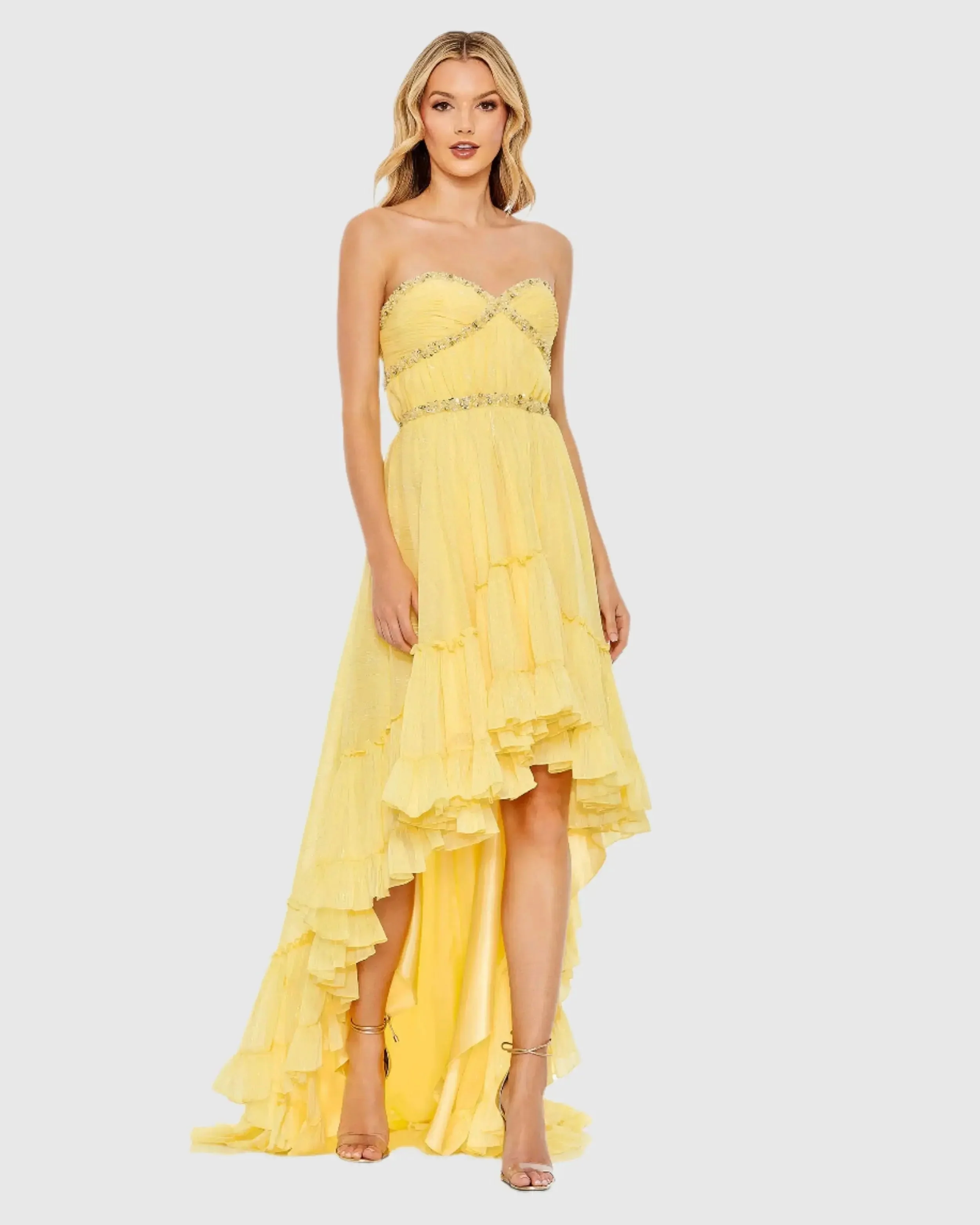 Yellow Beaded Ruffle High Low Gown