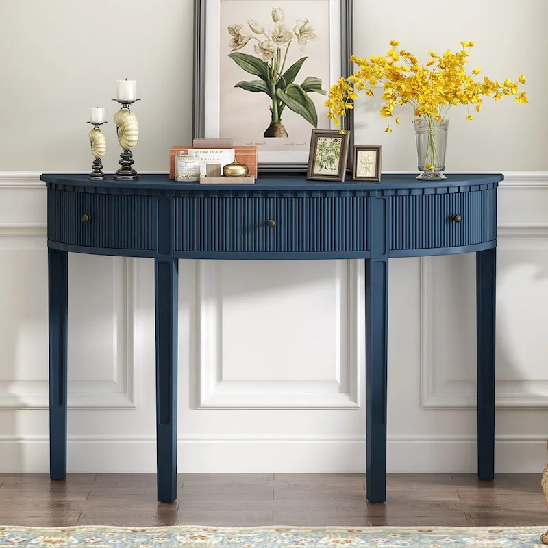 Black/Navy Blue/Antique White 3-Drawer Curved Console Table