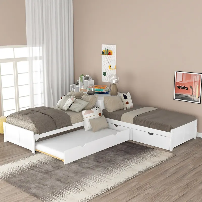 Espresso/Gray/White L-Shaped Twin Platform Bed with Trundle, Drawers & Built-in Table, Sleeps 3