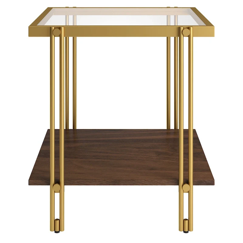 Brass / Blackened Bronze / Brass Walnut Geometric Steel & Glass Side Table – Single