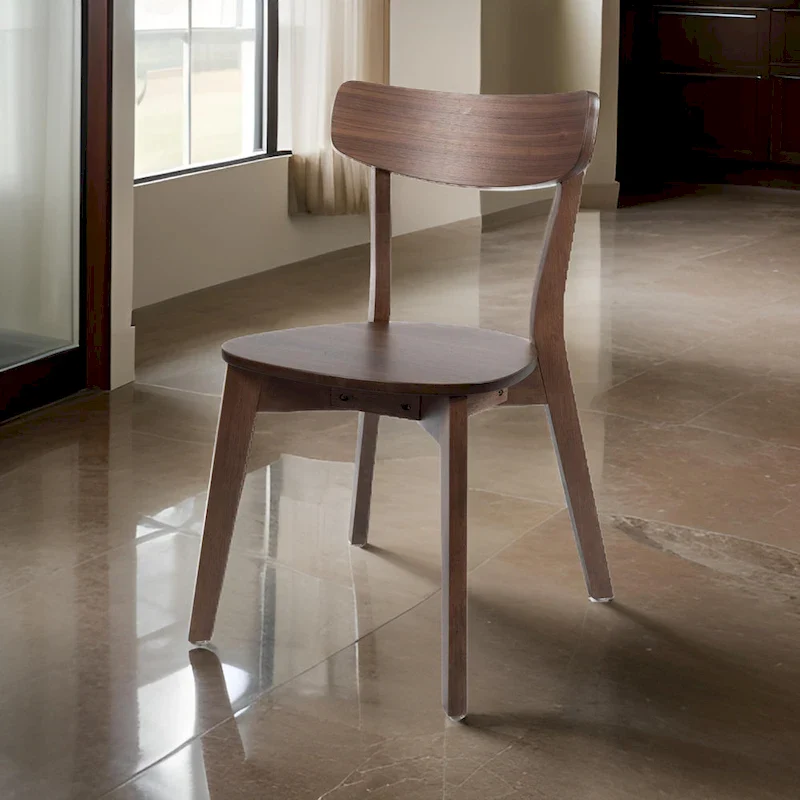 Aby Dining Side Chair, Wooden Round Seat, Open Panel Back, Walnut Brown