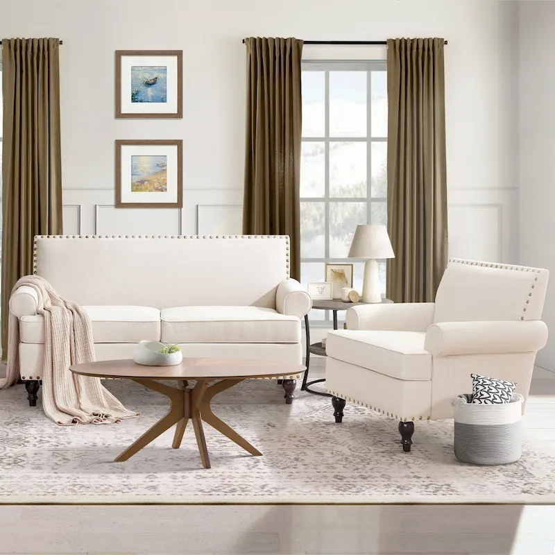 Beige/Grey/Brown Rivet Linen Loveseat & Accent Chair Set, 2-Person + 1-Person