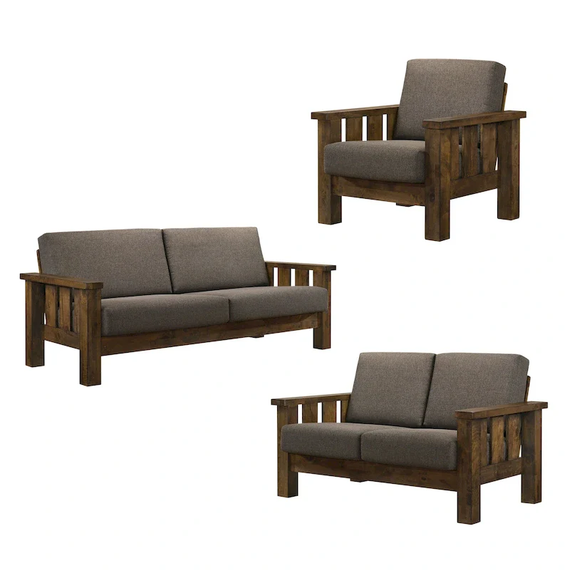 Jimo Rustic Oak and Linen Fabric 3-Piece Sofa Set by