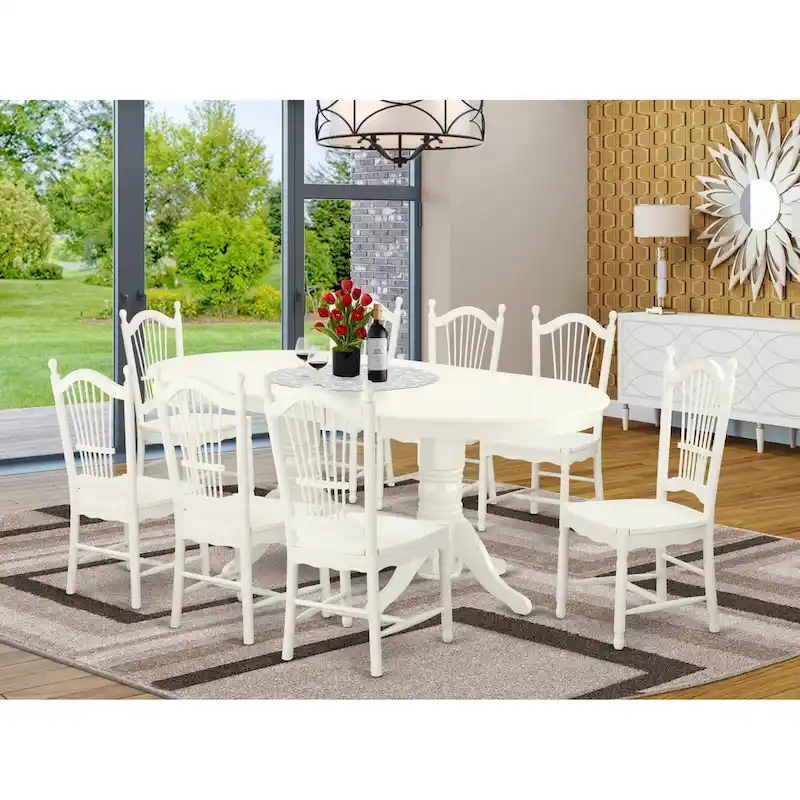 East West Furniture Dining Set- an Oval Dining Table and Wood Seat Chairs, Linen White(Pieces Options)