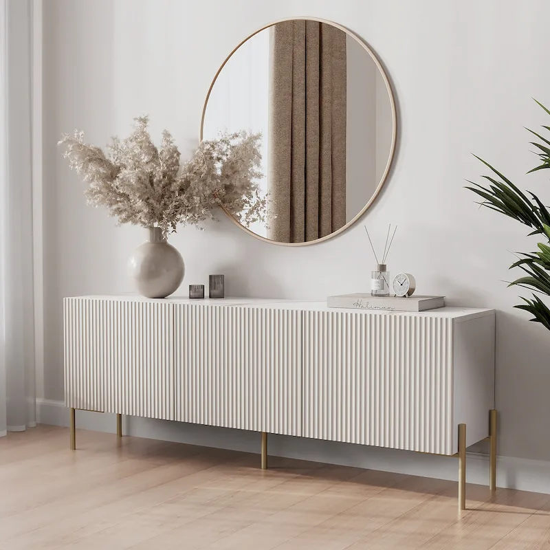 Art Deco TV Stand Console with Push-to-Open Doors & Gold Metal Legs – Beige & White – Fits TVs up to 65