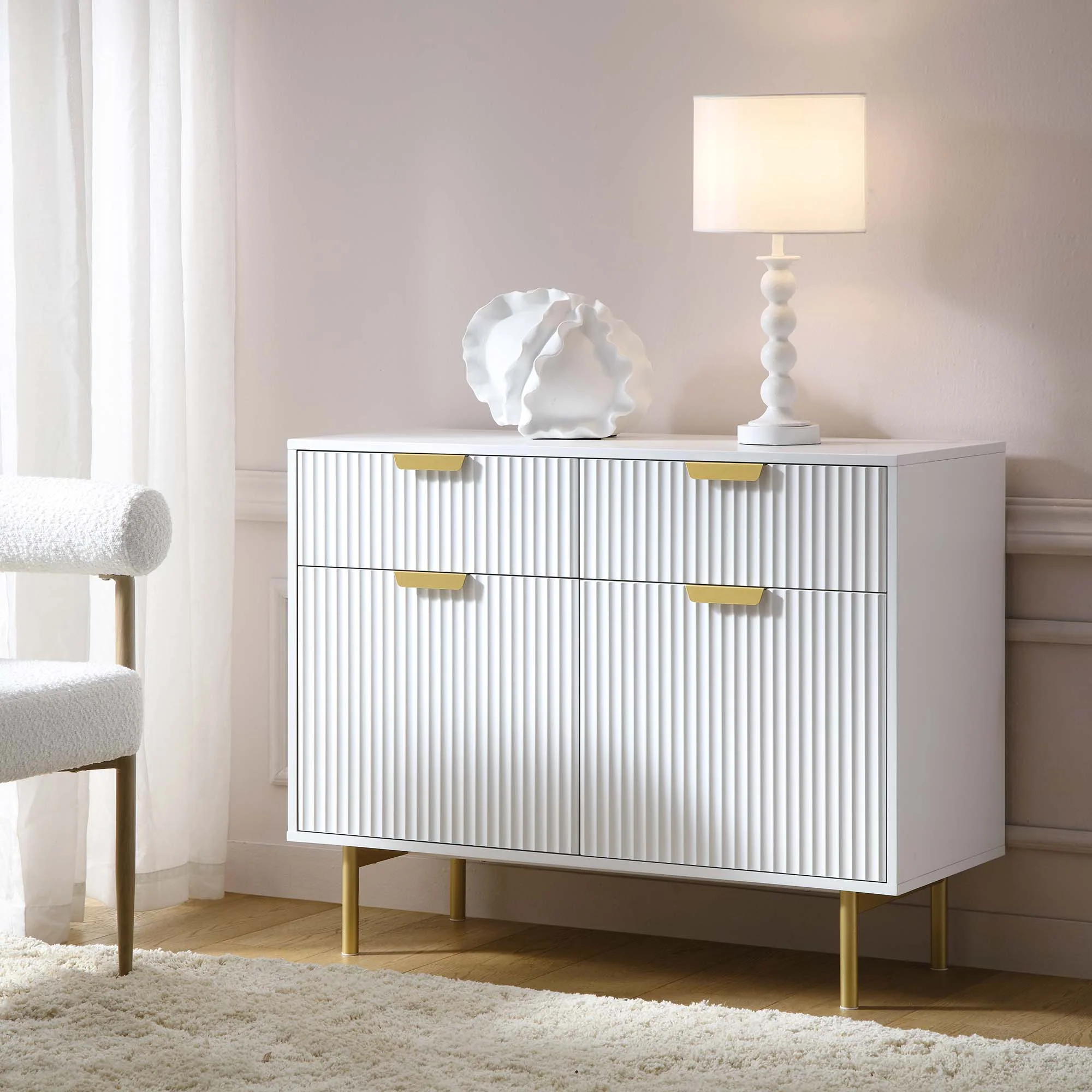 Ridged 2-Door Cabinet with Drawers, Matte White