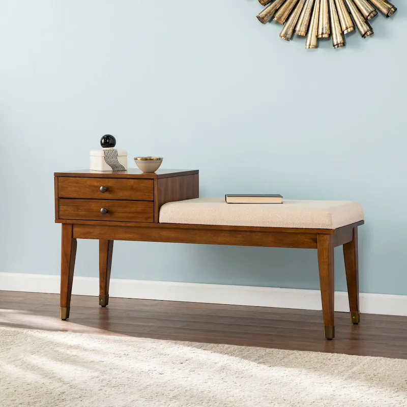 Mid-Century Modern Upholstered Storage Bench, Dark Sienna Finish, Ivory Cushion