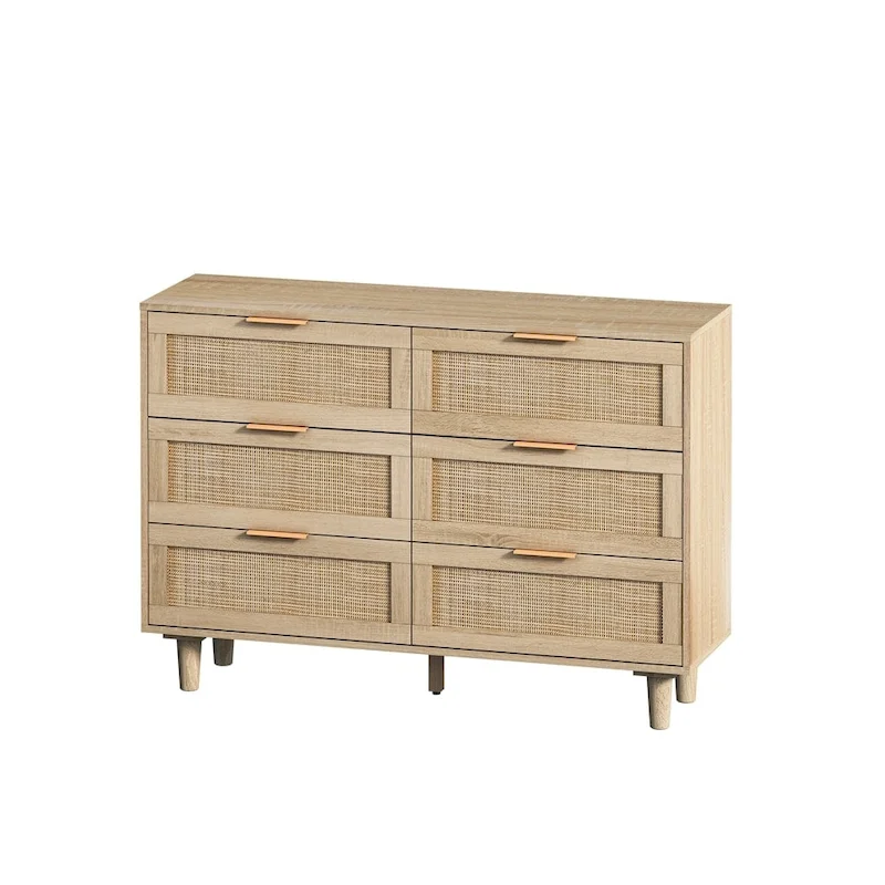 Natural / Black, 6-Drawer Rattan Dresser, Single-User