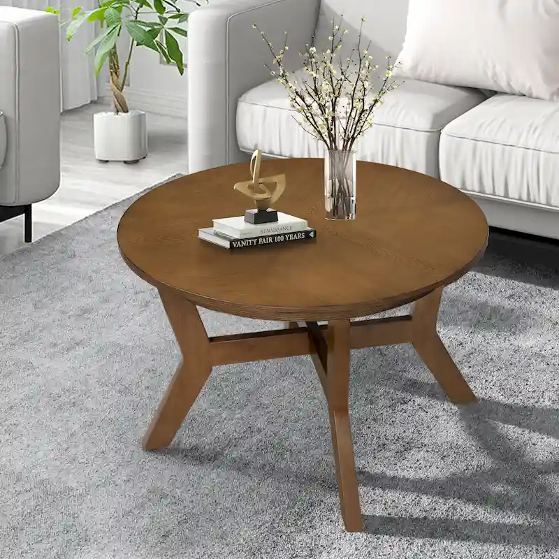 32-Inch Round Wood Coffee Table with 4 Legs