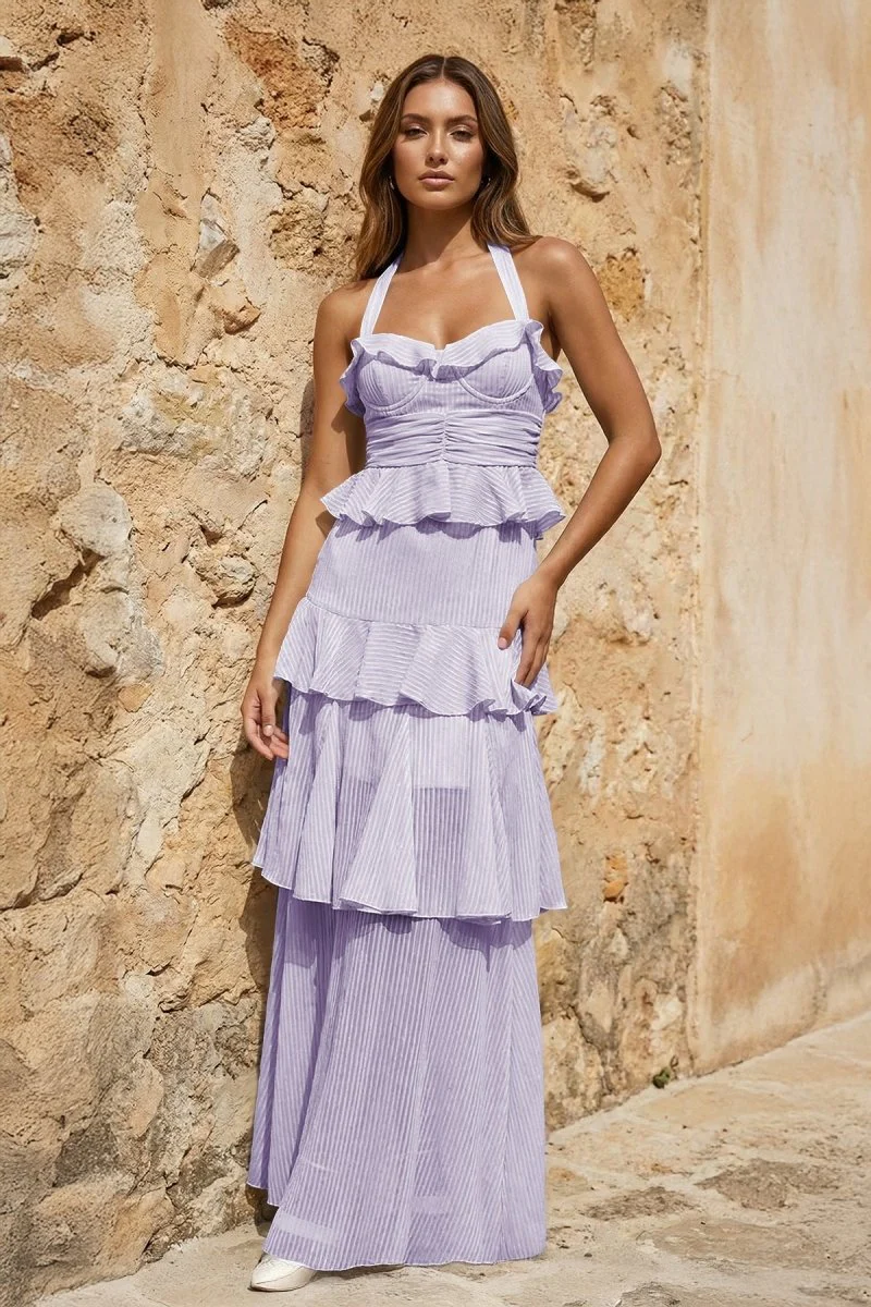 Sky Blue Halter Sheath Pleated Chiffon Long Prom Dresses With Ruffles