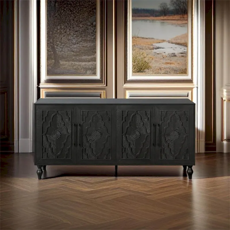 Carved Flower Door Large Storage Cabinet