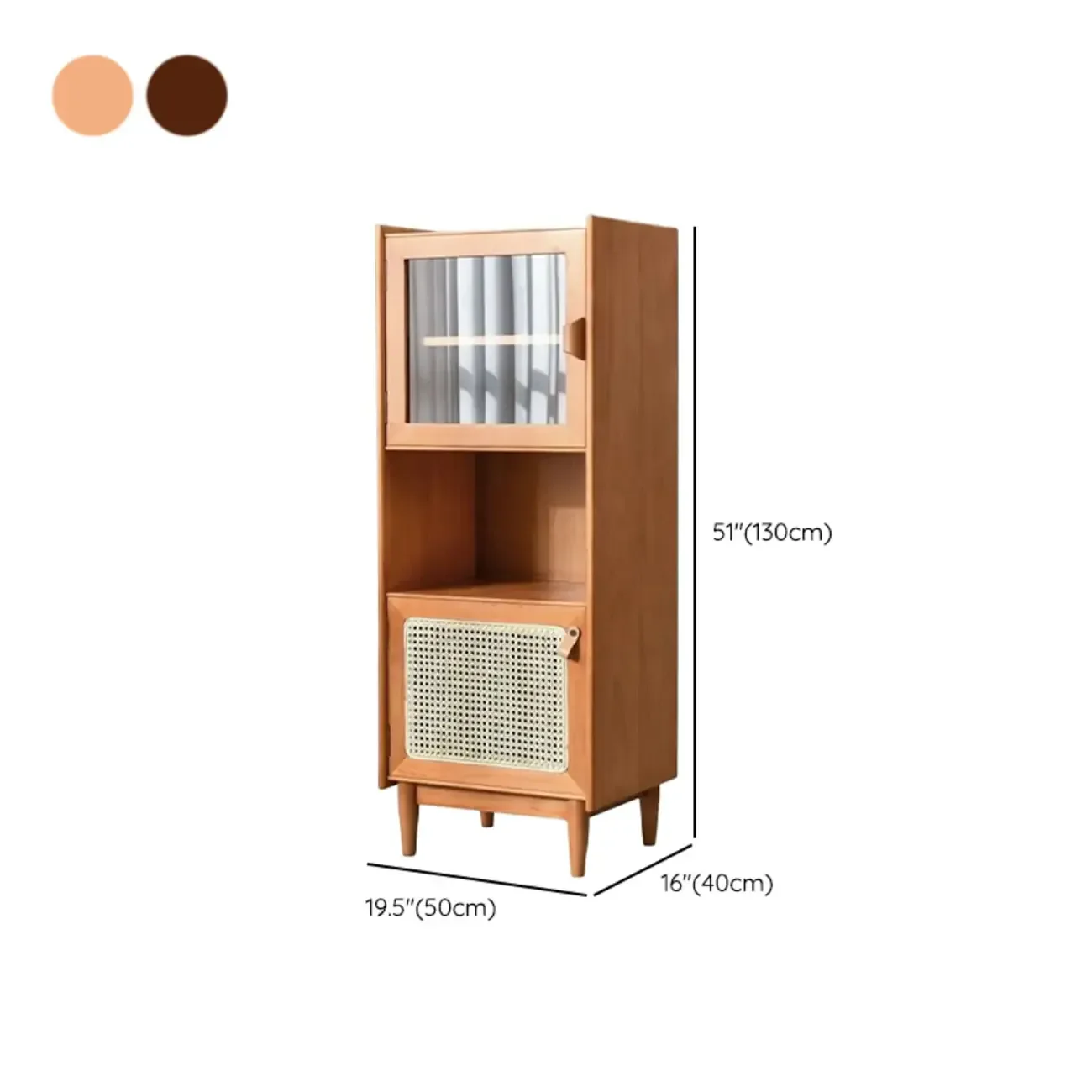 3-Tier Versatile Natural Cherry Wood Glass Rattan Utility Cabinet