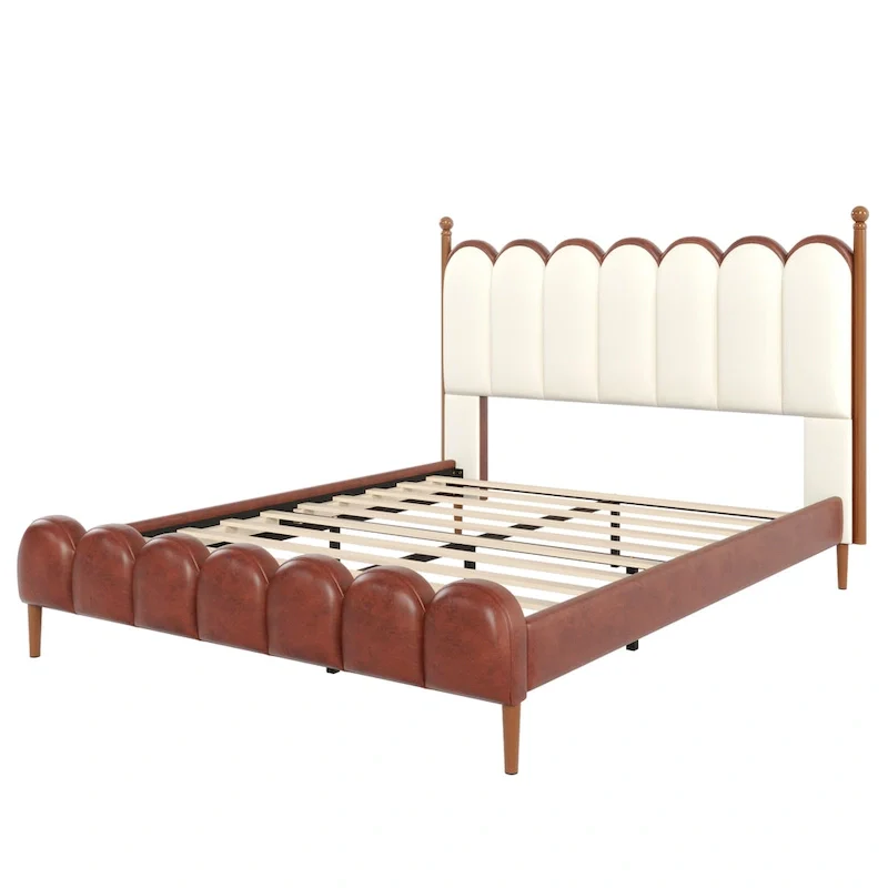 Leather Upholstered Bed with Headboard & Footboard, Solid Wood Slats & Legs