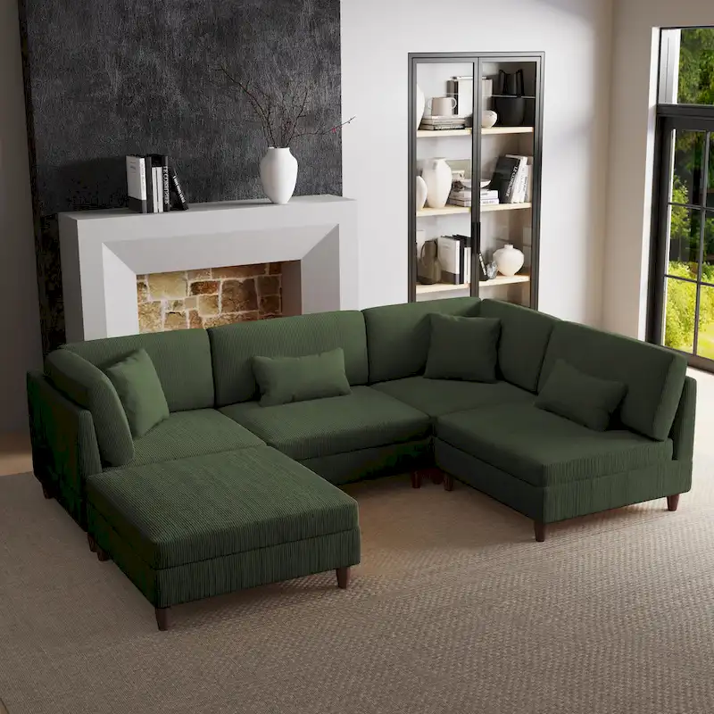 Corduroy Modular Sectional Sofa Set With Ottoman