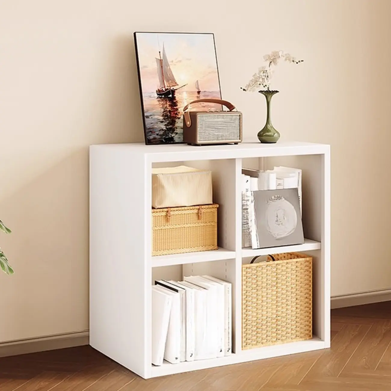 Modern Steel Cube Bookcase with Fabric Bins