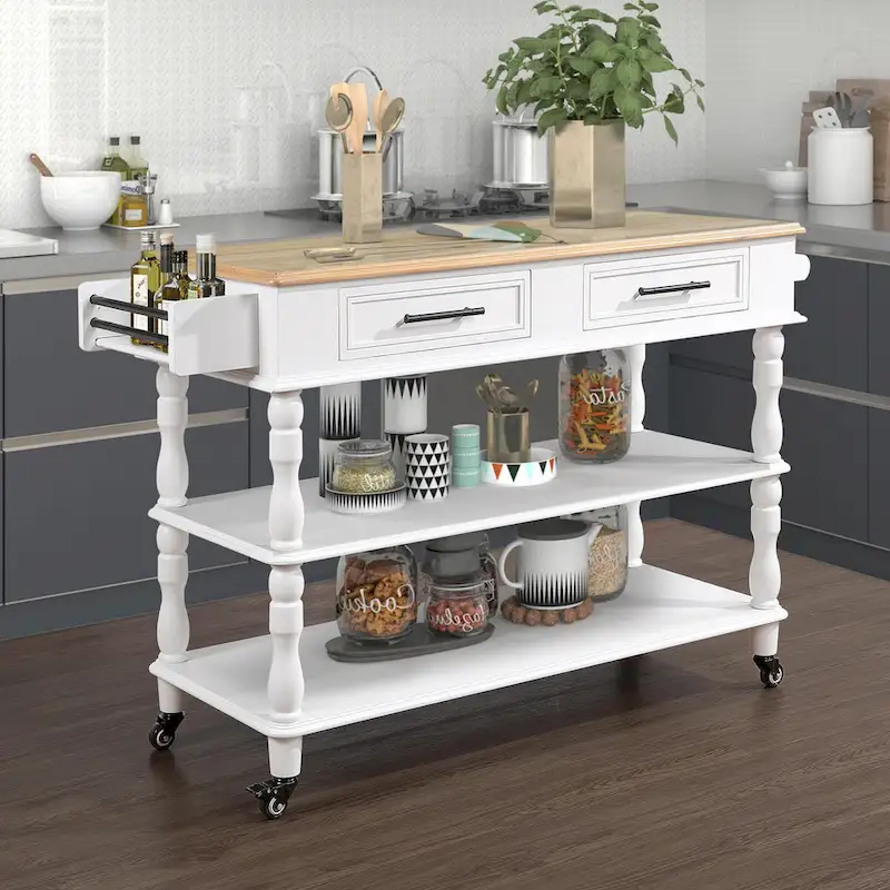 Rolling Kitchen Island Cart with Solid Oak Wood Top, Wine and Spice Rack
