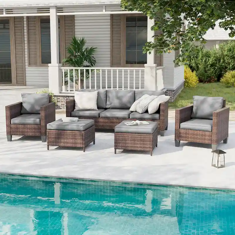BONOSUKI 5-Piece Patio Sofa Sets Brown Rattan Outdoor Furniture Set
