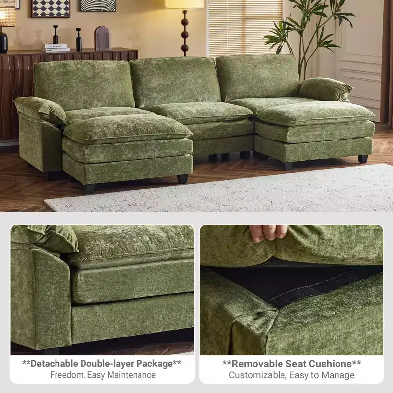 Karl Home |120 in. W Pillow Top Arm Double-layer Cushion Chenille Sofa in Blue With Ottoman
