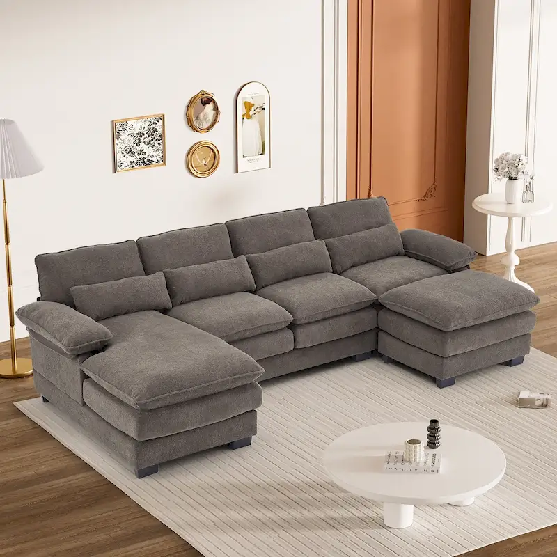 Soft Chenille Fabric U-Shaped Sectional Sofa with Double Layer Cushion