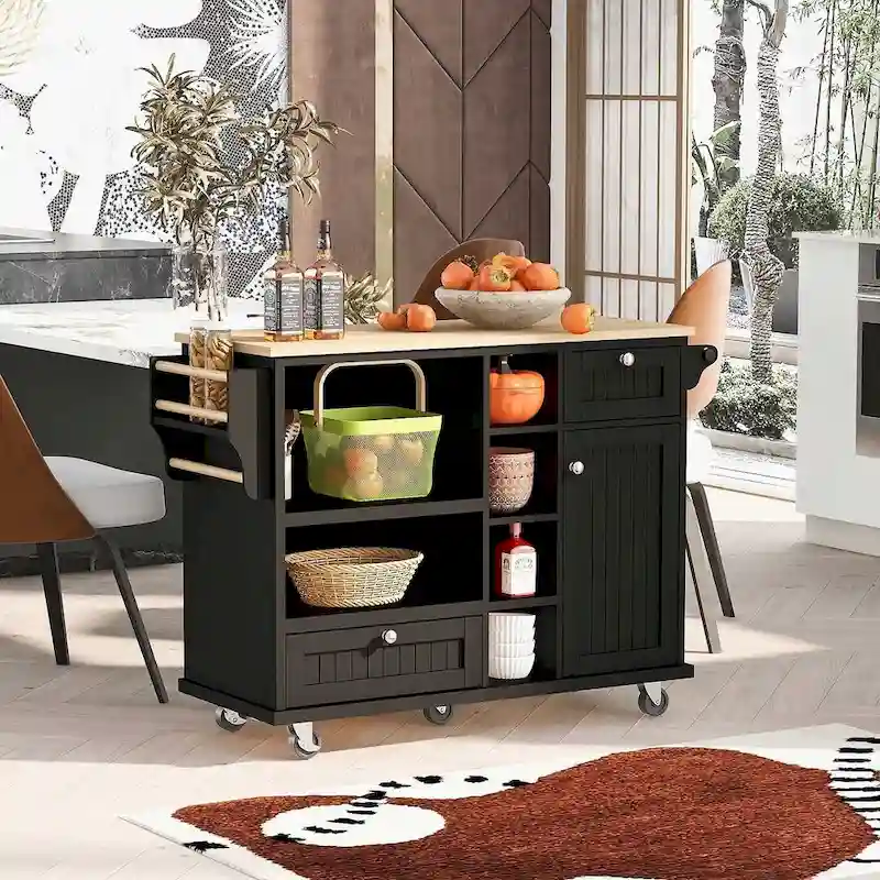 50.80 W Versatile Solid Wood Countertop Kitchen Island with Storage and Two Locking Wheels