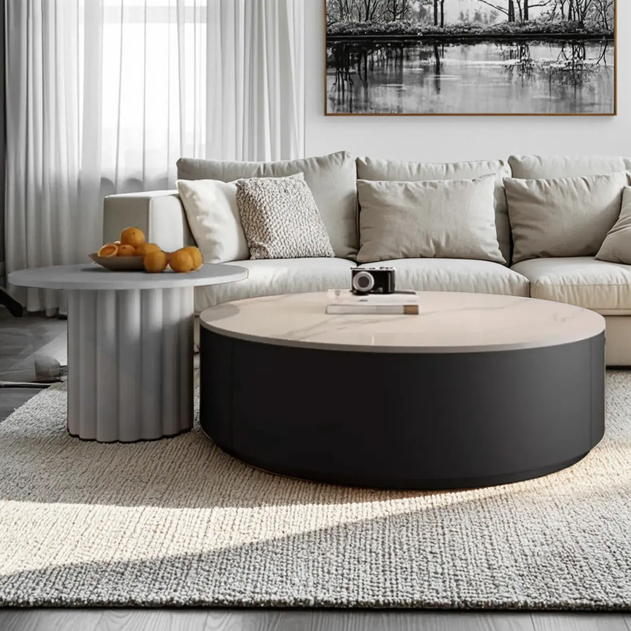 Black White Modern Stylish Round Wood Drawer Coffee Table
