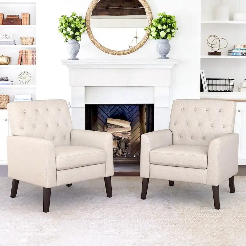 Mid-Century Modern Upholstered Linen Fabric Button Tufted Accent Chair of 2 - 28.5 W X 27.25 D X 33.75 H