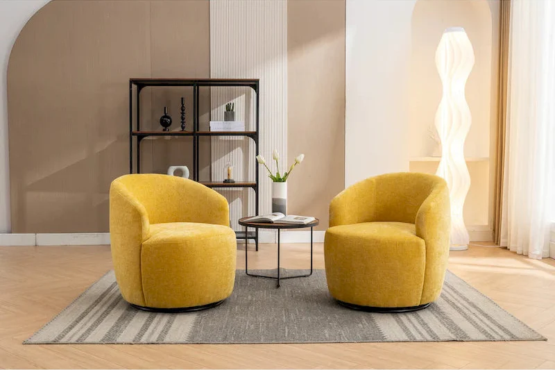 Yellow Chenille Modern 25.6 Swivel Barrel Chair with Metal Ring
