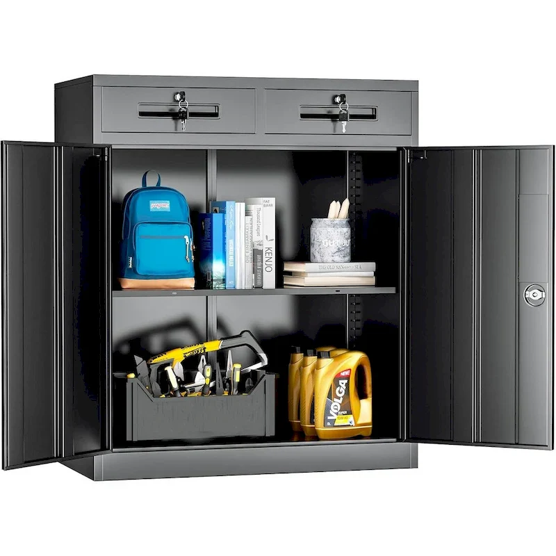 Lockable Metal Storage Cabinet with 2 Drawers & Adjustable Shelves – White / Black, 2-Door