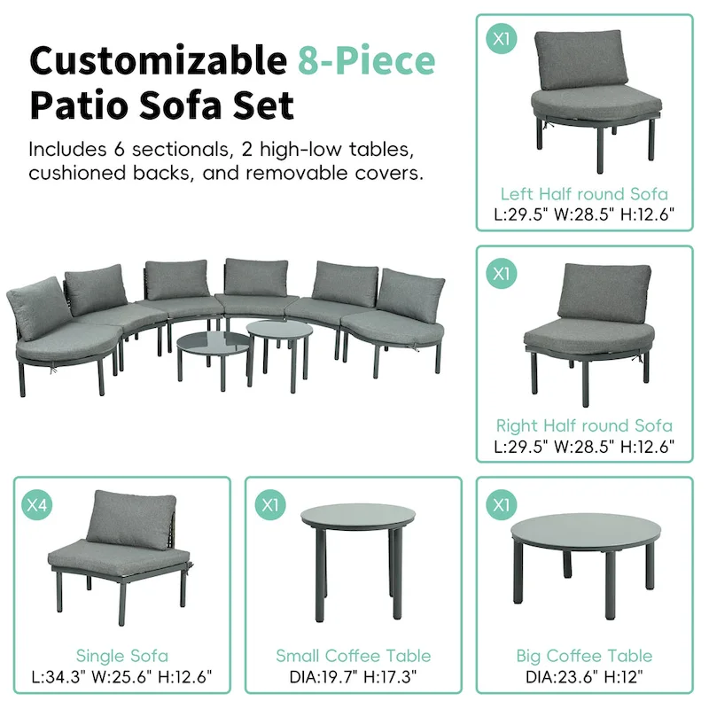 Elegant 8-Piece Modular Half Moon Patio Sofa Set with High-Low Coffee Tables