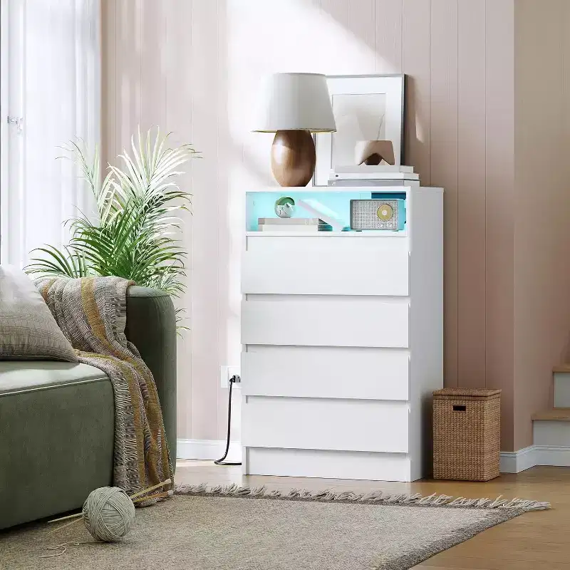 4 Drawer Double Dresser with Power Outlet, Accent Chests of Drawers with LED Light, Modern White Storage Dresser with Charging Station