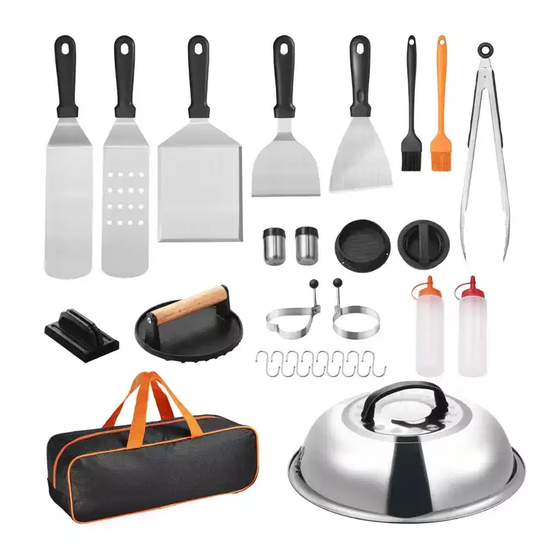 28PCS Griddle Accessories Kit, Flat Top Grill Accessory Set with Enlarged Spatulas, Stainless Steel BBQ Tools with Burger Press & Carry Bag