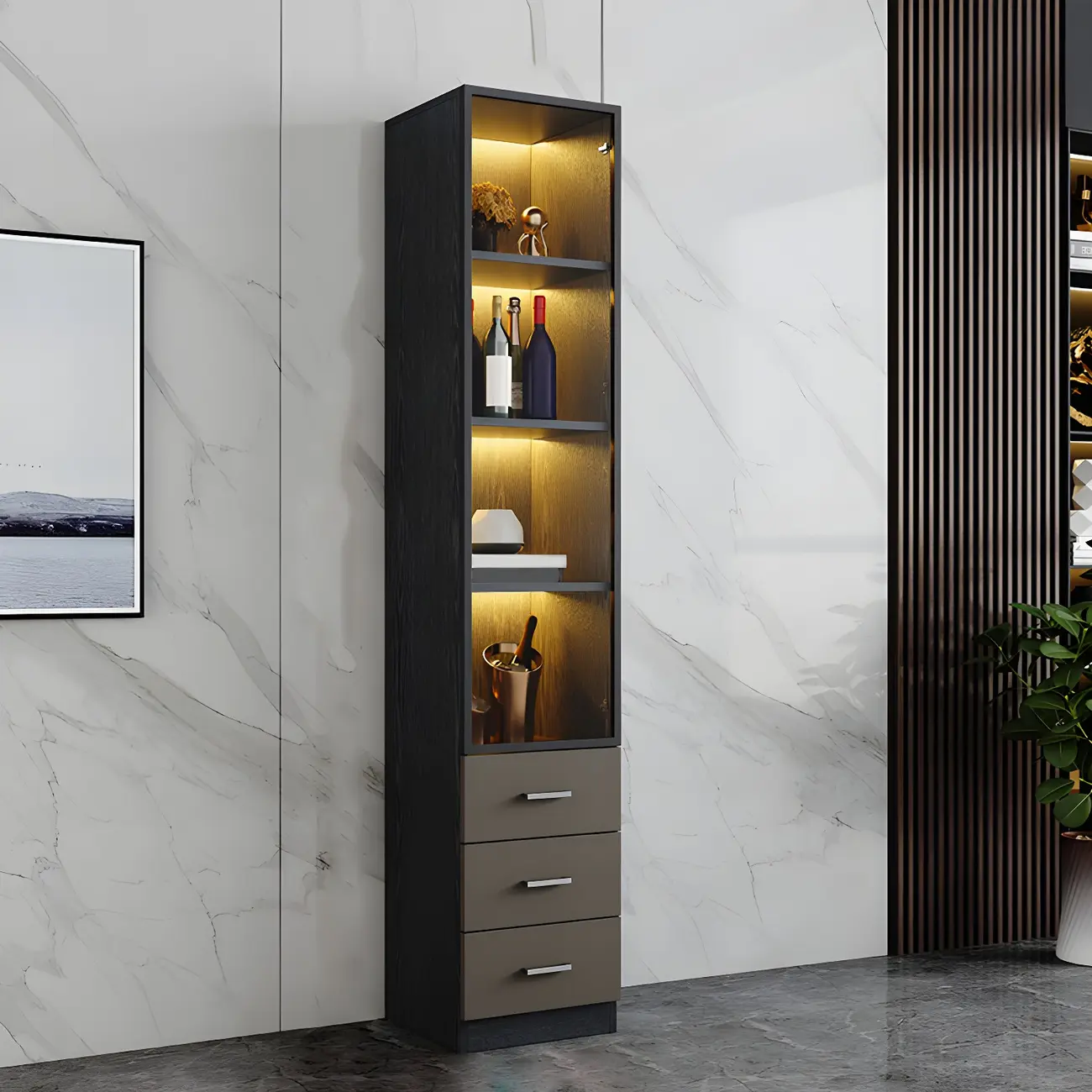 Large Black Wood Glass Doors Wine Storage Display Cabinet
