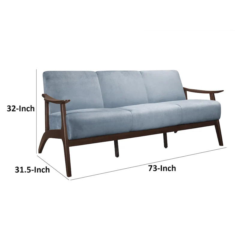 Rica 73 Inch Sofa, Soft Blue Gray Velvet, Walnut Brown Solid Rubberwood
