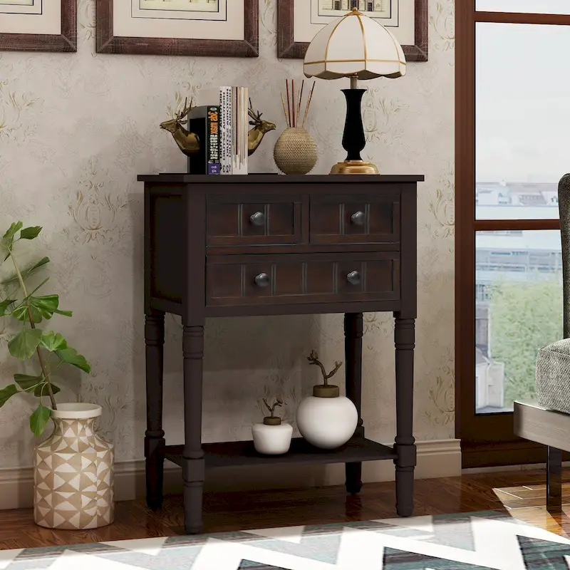 Narrow Console Table, Slim Sofa Table with Three Storage Drawers and Bottom Shelf - 23.7L x 13W x 31.1H