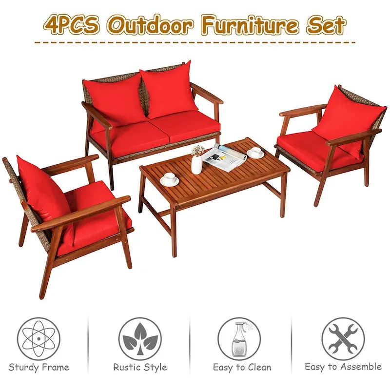 Costway 8PCS Patio Rattan Furniture Set Acacia Wood Frame Cushioned