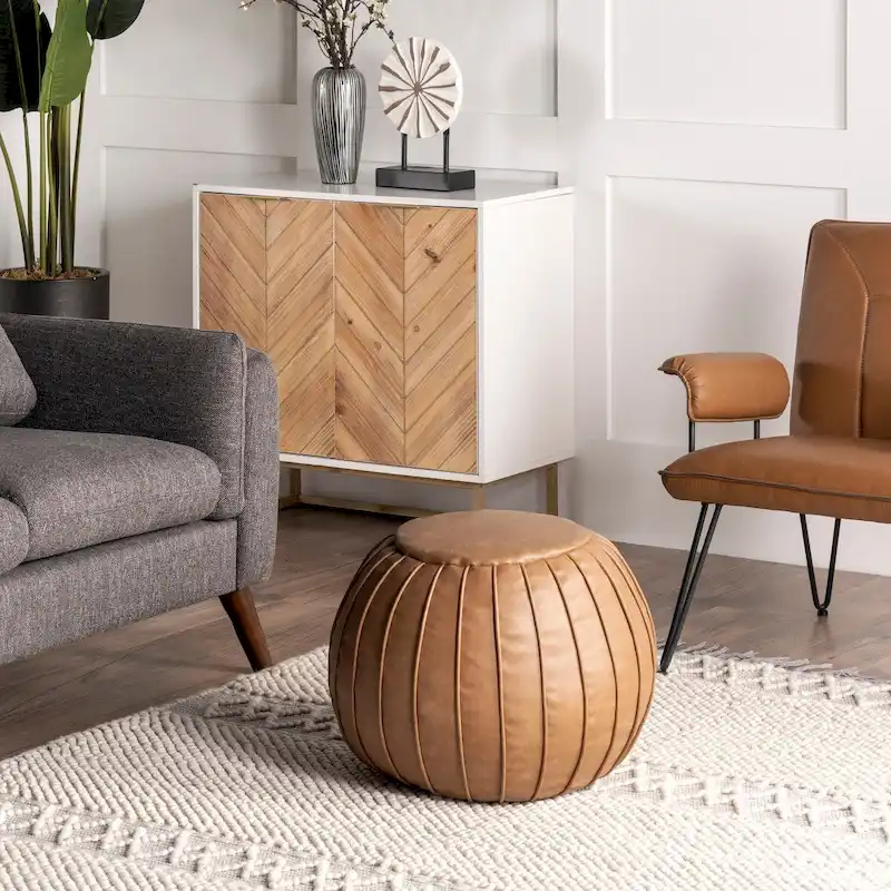 Brown Round Faux Leather Pouf Ottoman – Single Seat
